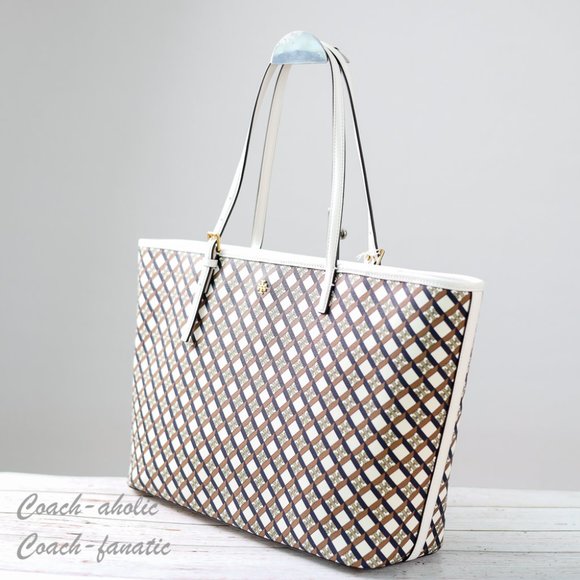 NWT Tory Burch Geo Logo Top Zip Allover Large Tote in Ivory Neutral - Picture 6 of 12